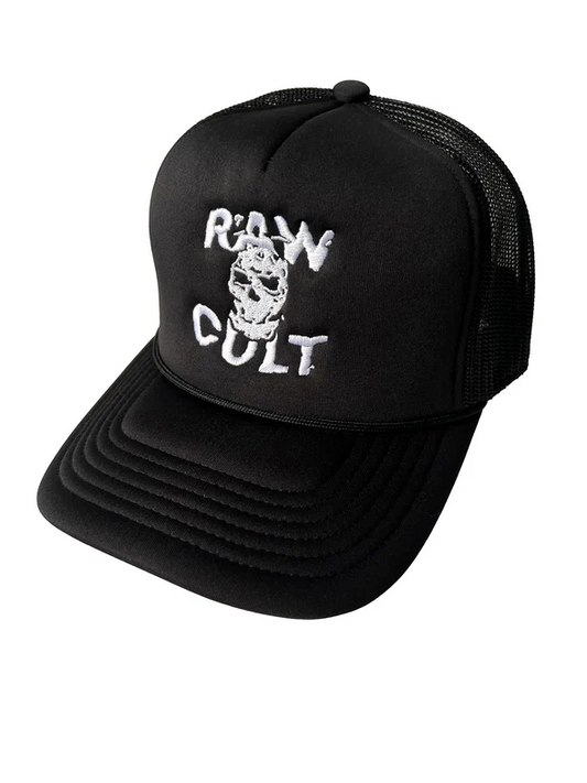 Raw Cult - Embroidered Mask CULT Foam Trucker Cap - White on Black