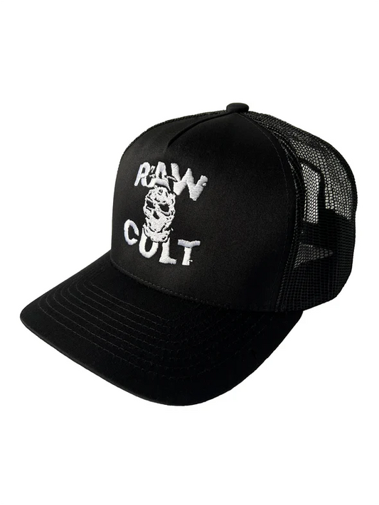 Raw Cult - Embroidered Mask CULT Mesh Back Cap - White on Black
